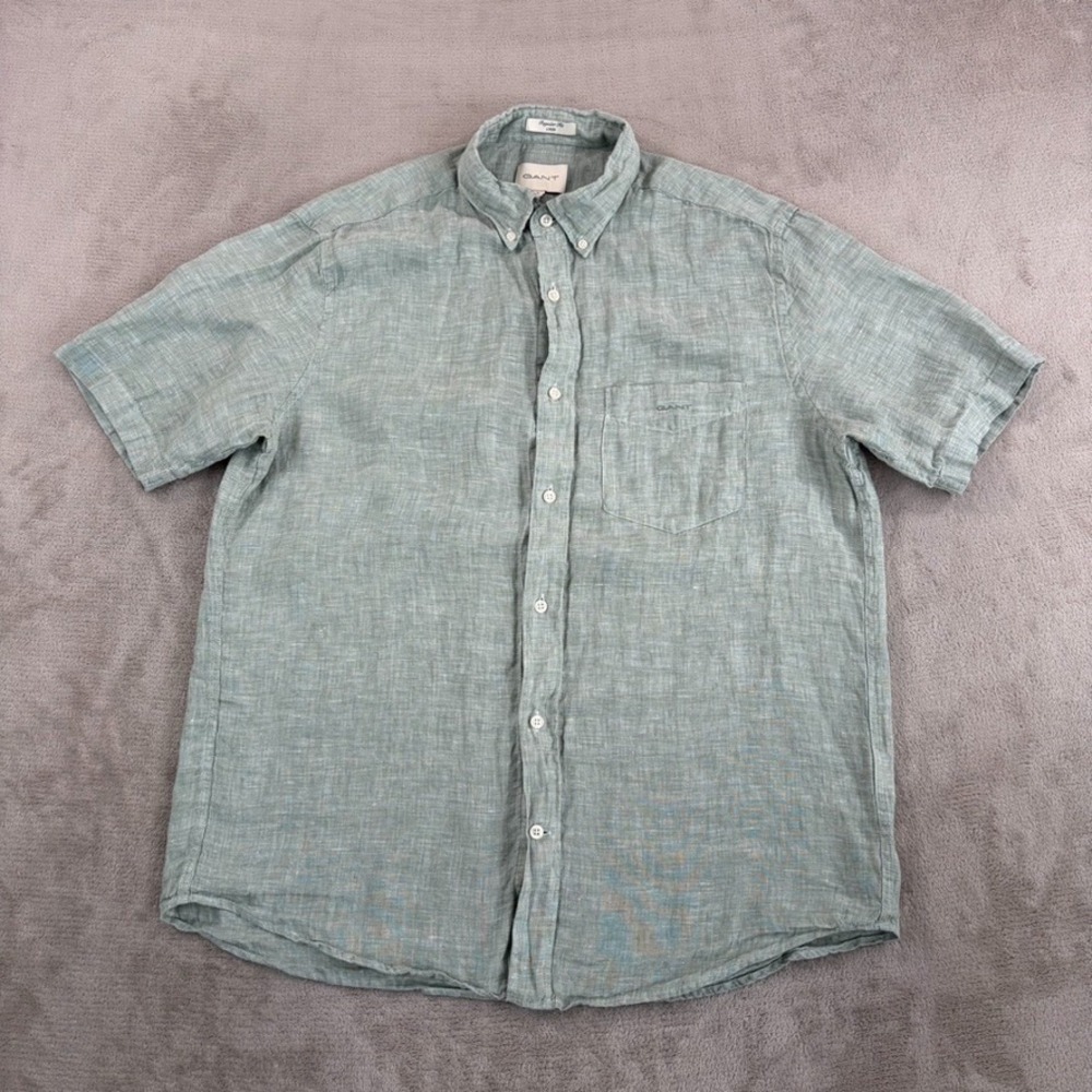 GANT Regular Fit Shirt in Heather Green 100% Linen Men Large Short Sleeve Luxury